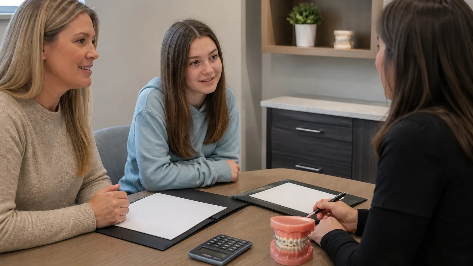 Orthodontic cost estimate beside braces models and insurance paperwork