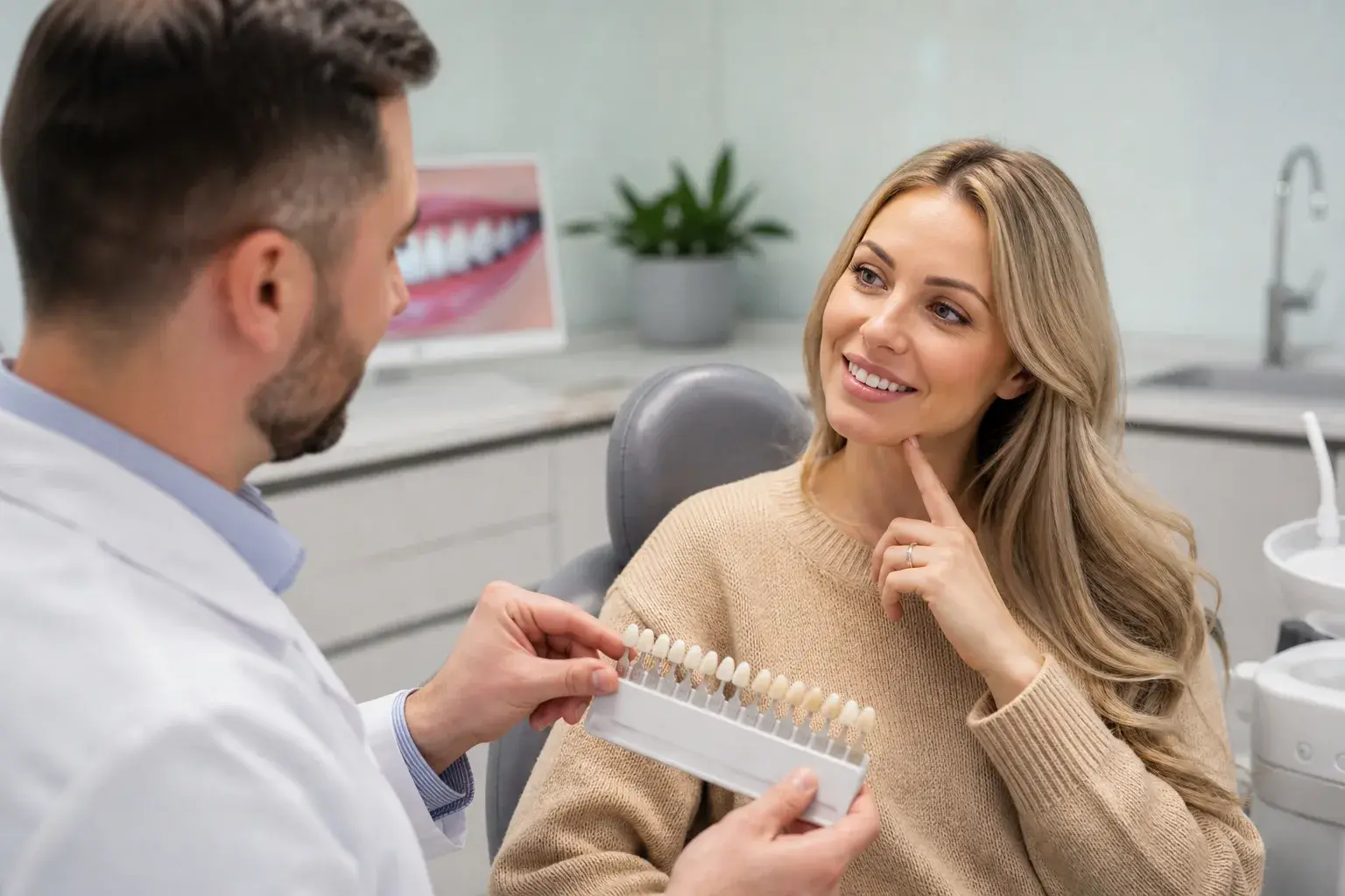 Cosmetic dentistry consult with veneer samples and estimate notes for understanding veneer treatment cost