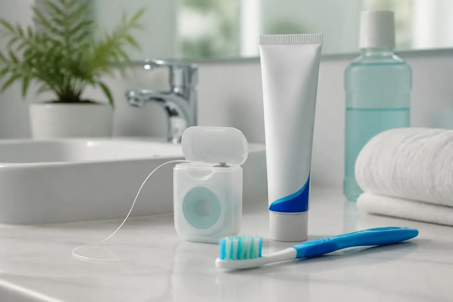 Daily flossing routine setup with floss, toothbrush, and mirror on a clean bathroom counter