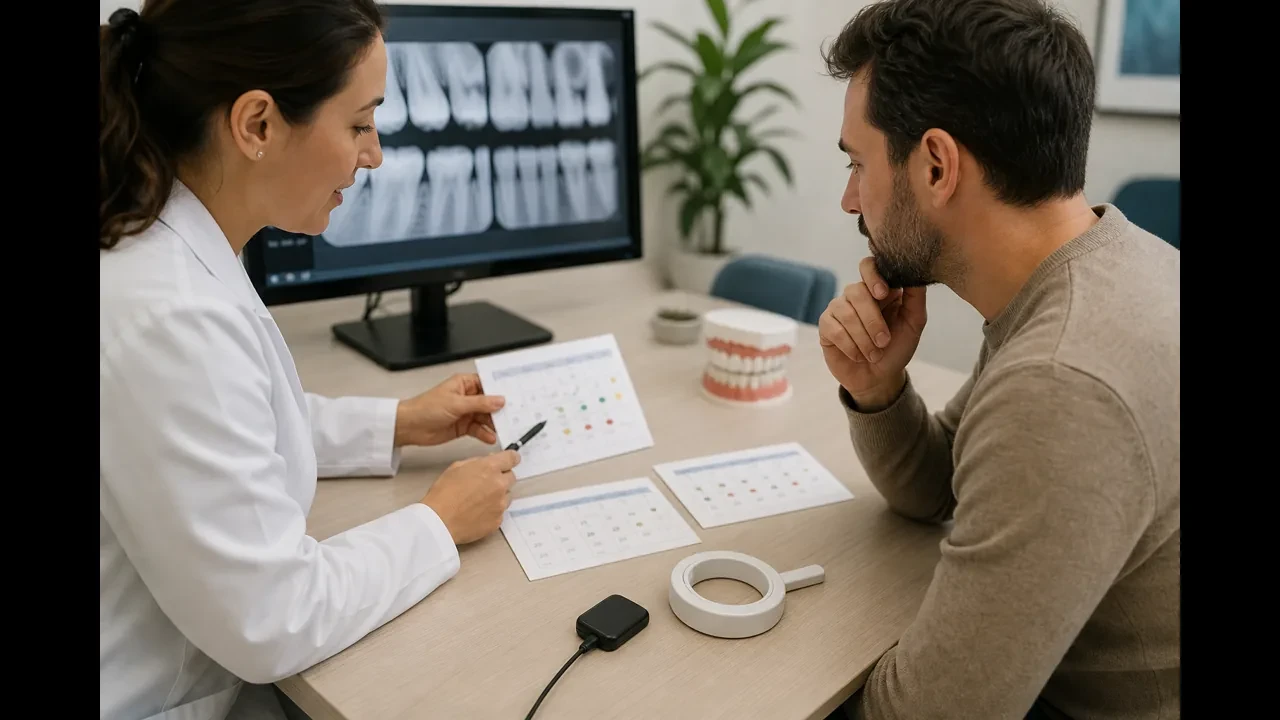Dentist explaining recommended dental X-ray intervals using a patient radiograph