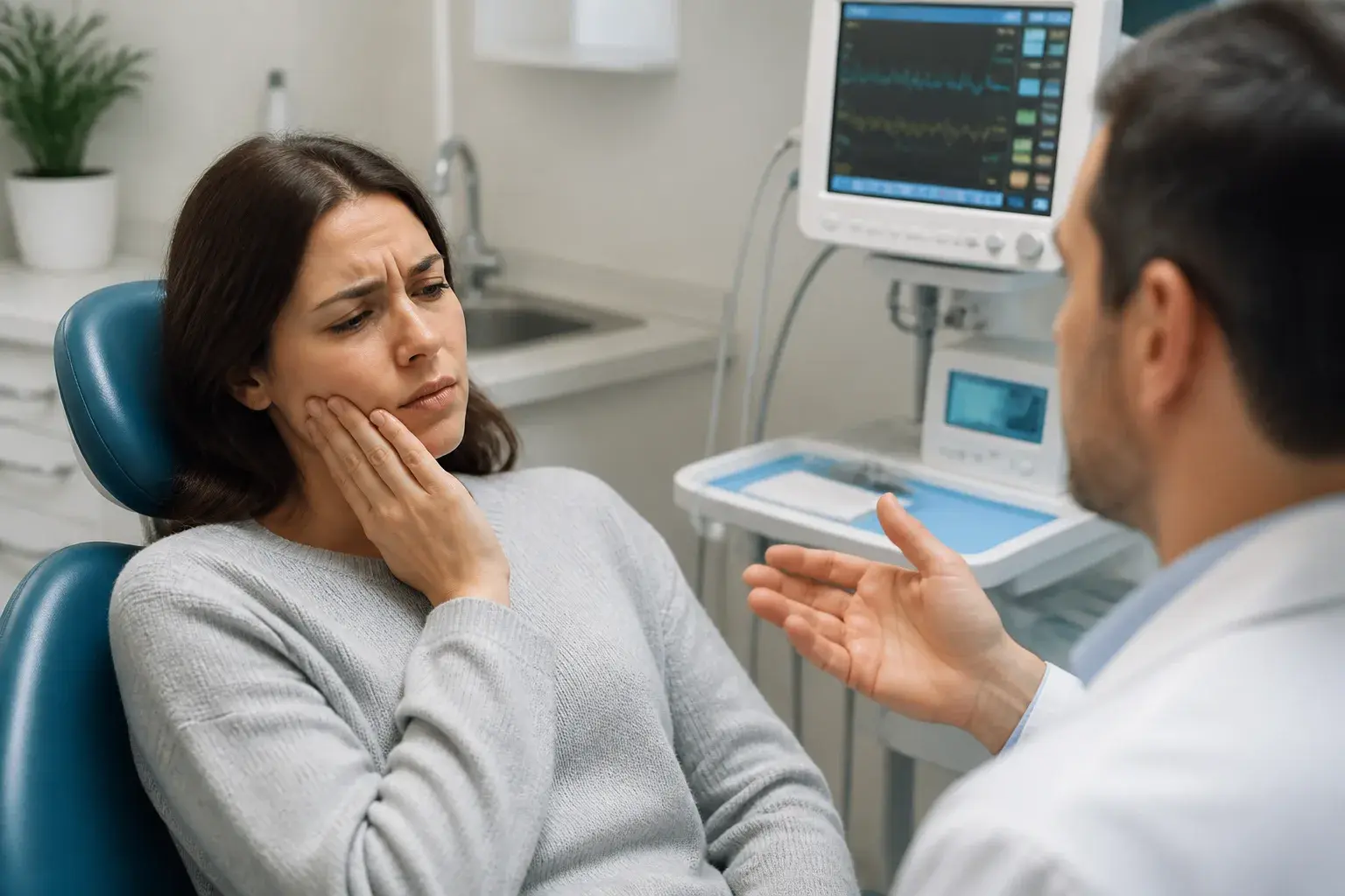 Oral surgery recovery setting with ice pack, aftercare notes, and a relaxed patient in a dental clinic