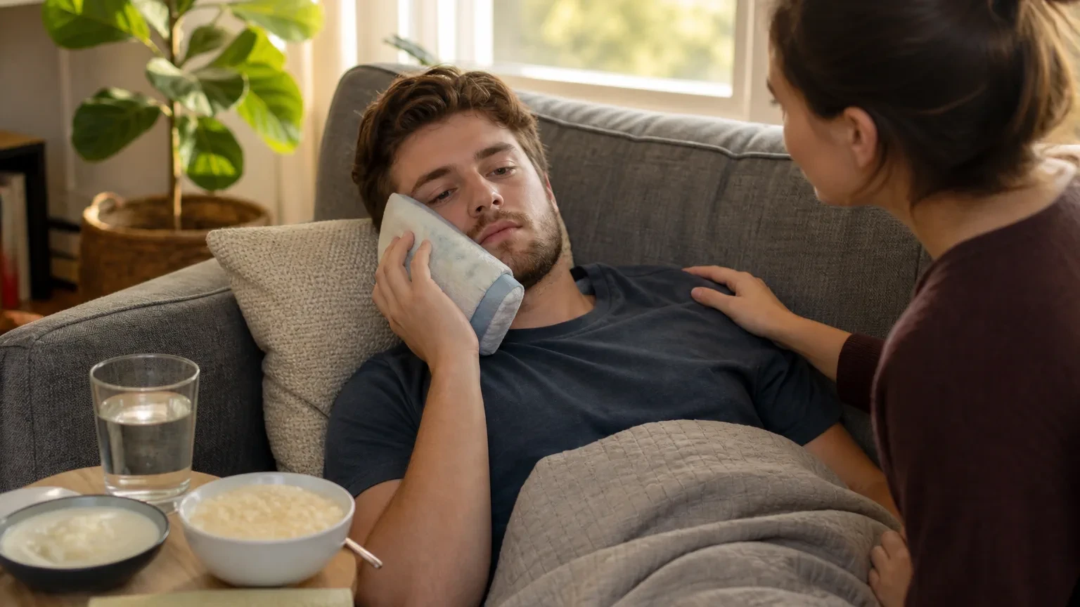 Patient using an ice pack and written pain plan during early oral surgery recovery