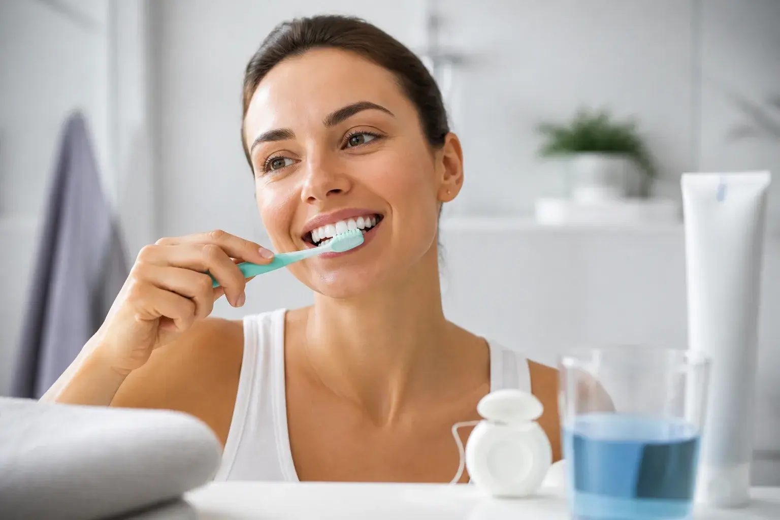 Toothbrush angled toward a dental model showing proper brushing technique and gumline cleaning