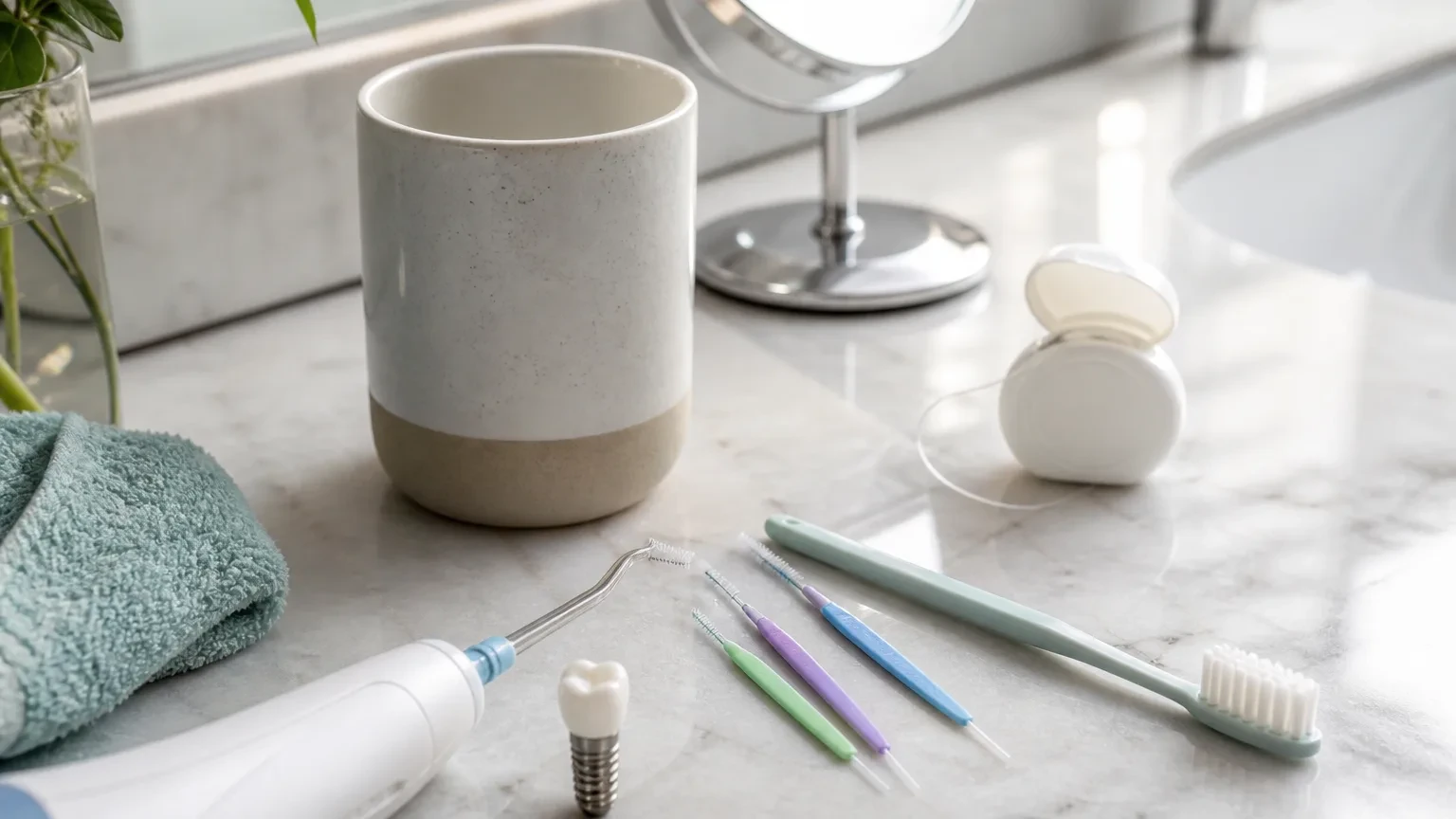 Home dental care tools arranged for cleaning around dental implants