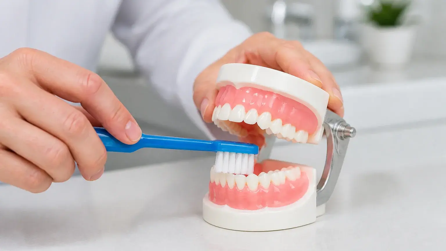 Clean denture care setup with brush, soaking cup, and removable prosthesis for daily denture hygiene