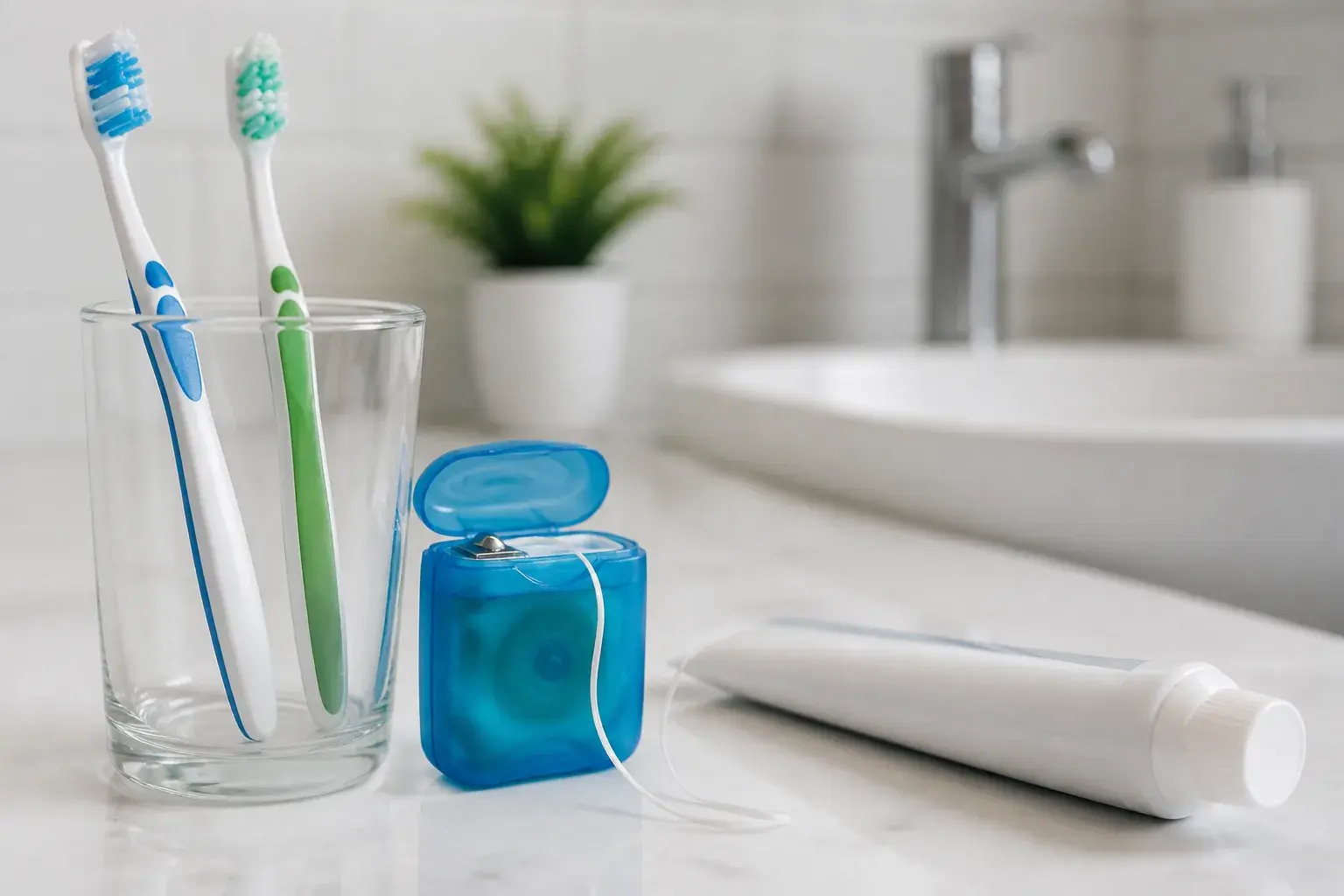 Fresh breath oral care setup with tongue scraper, floss, toothbrush, and mouthwash on a clean counter