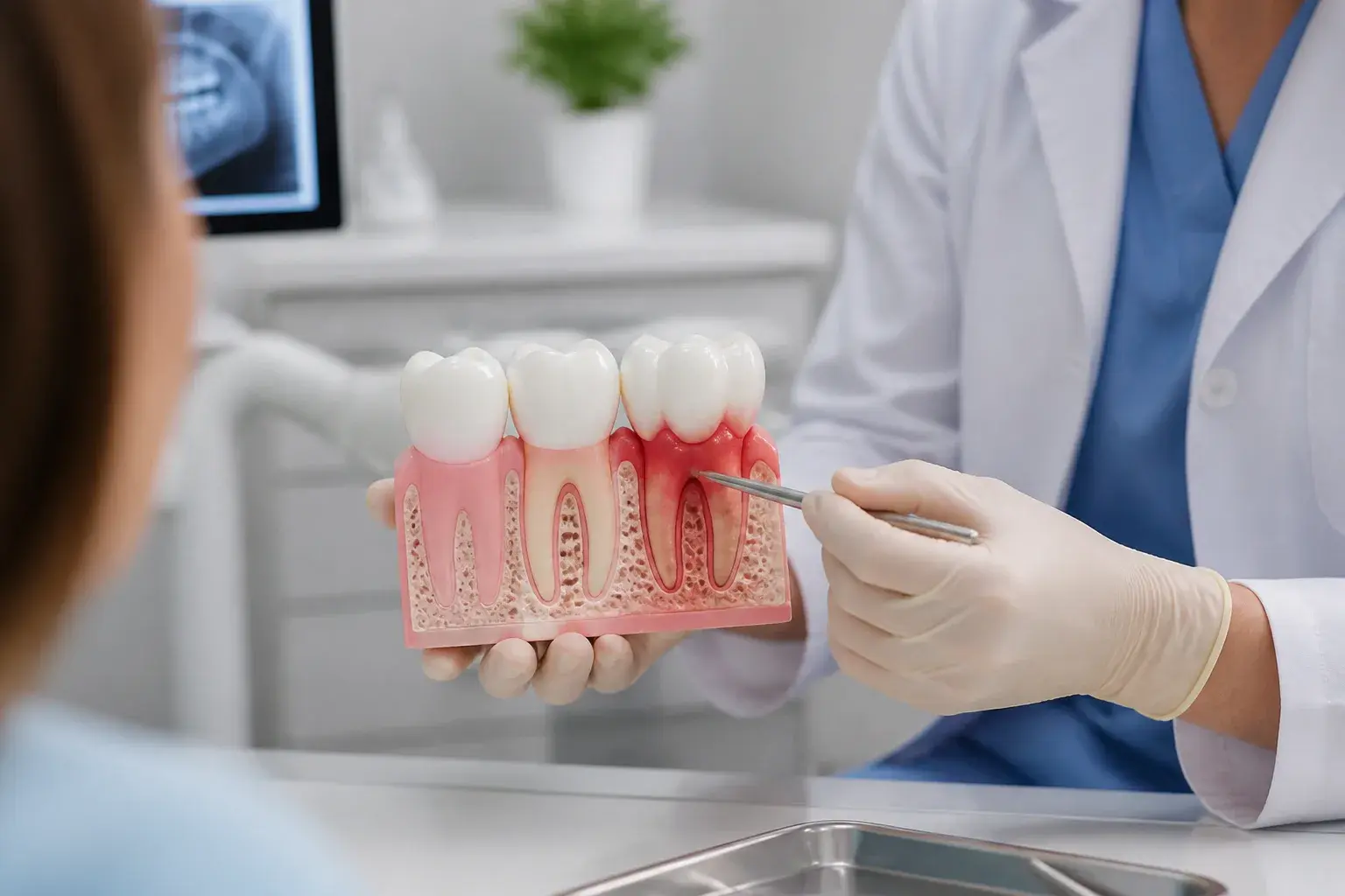 Toothbrush, floss, and healthy gum model arranged for daily prevention of gum disease