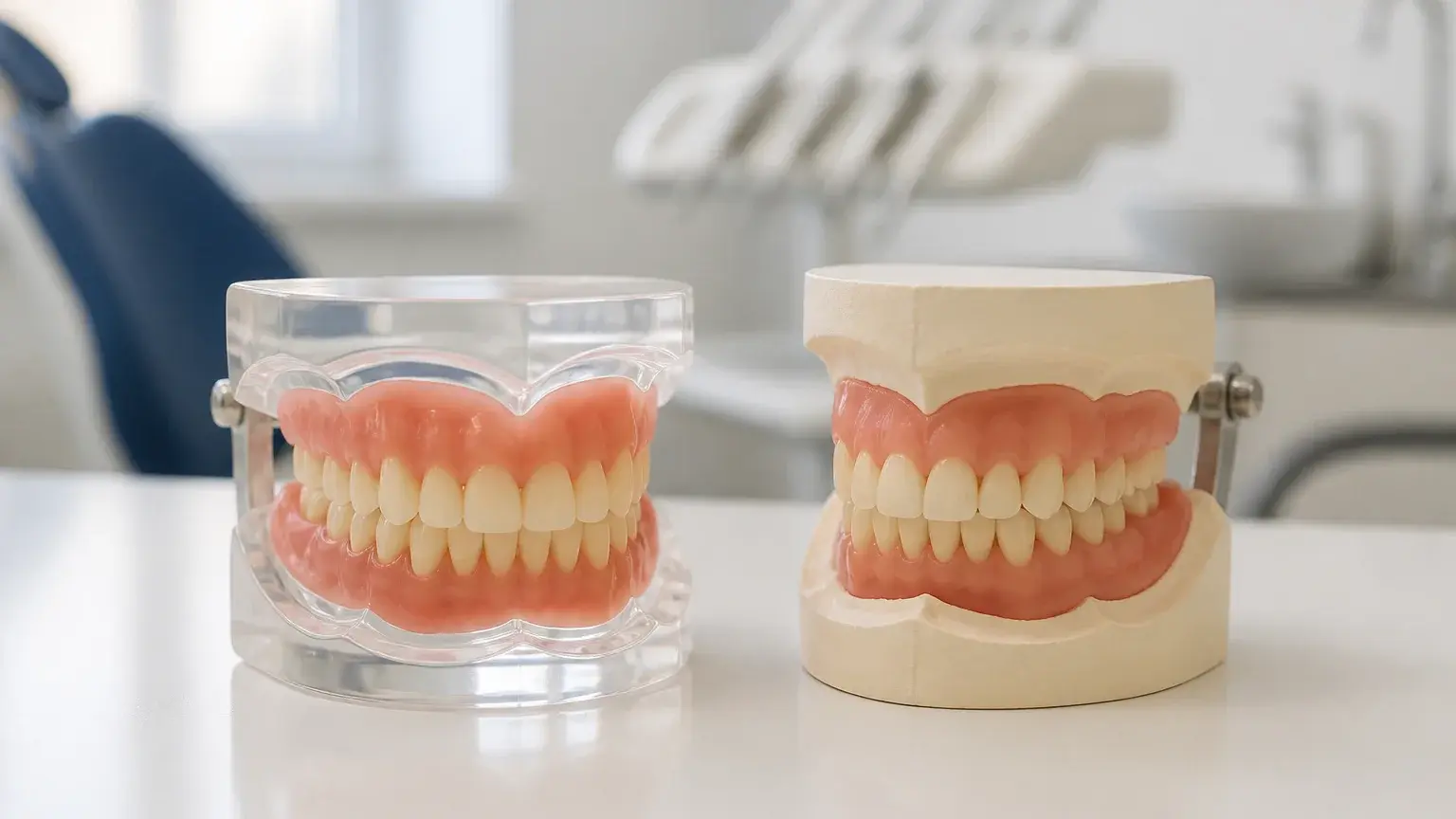 Side-by-side denture models showing immediate and conventional treatment timing in a modern dental clinic