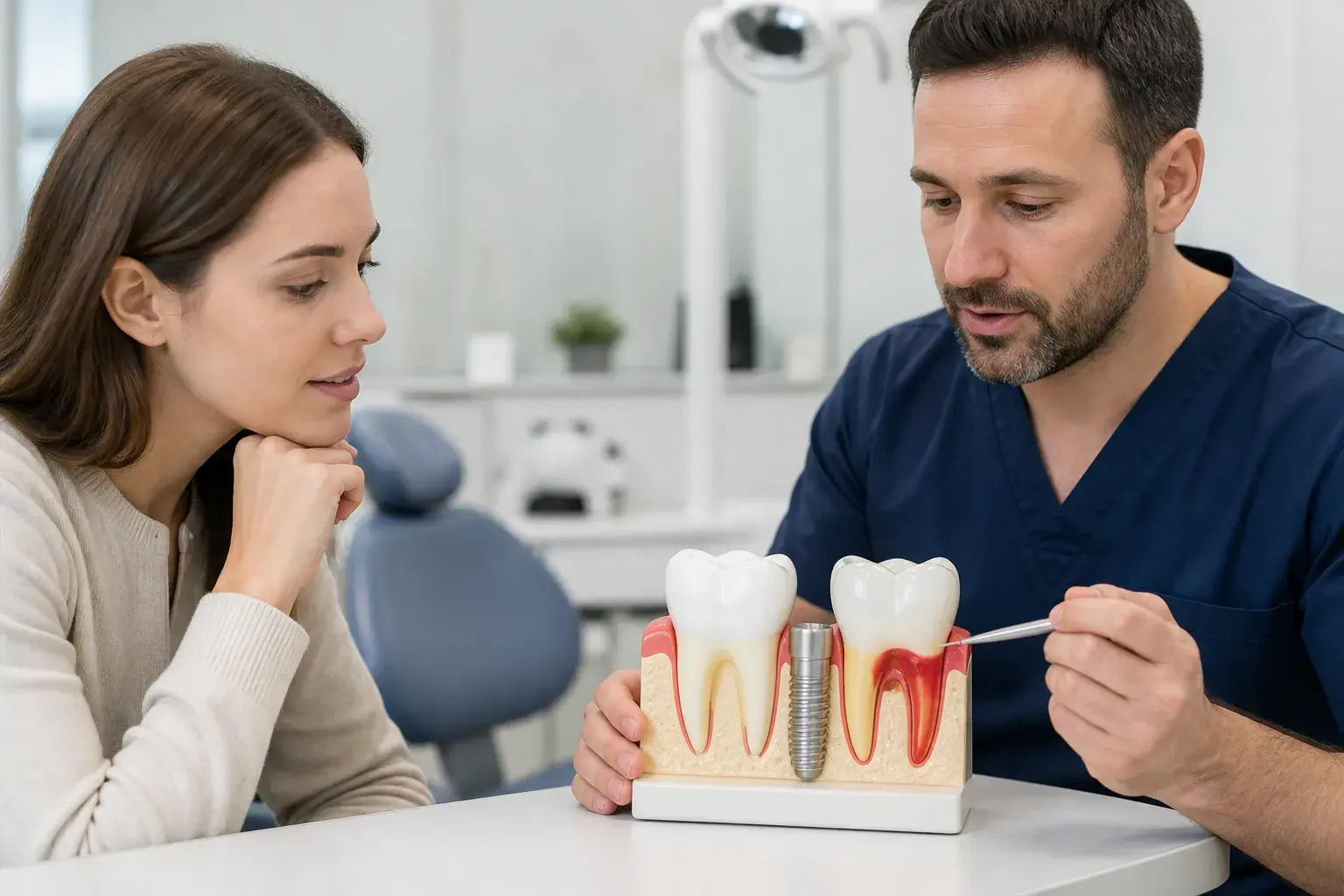 Dental implant model next to inflamed gum chart showing gum disease evaluation before implants