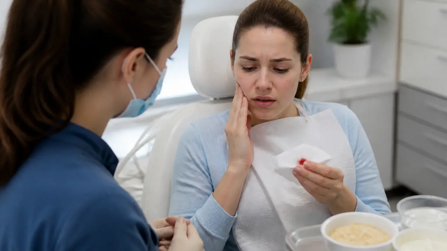 Extraction aftercare supplies and warning checklist illustrating infection signs after tooth removal