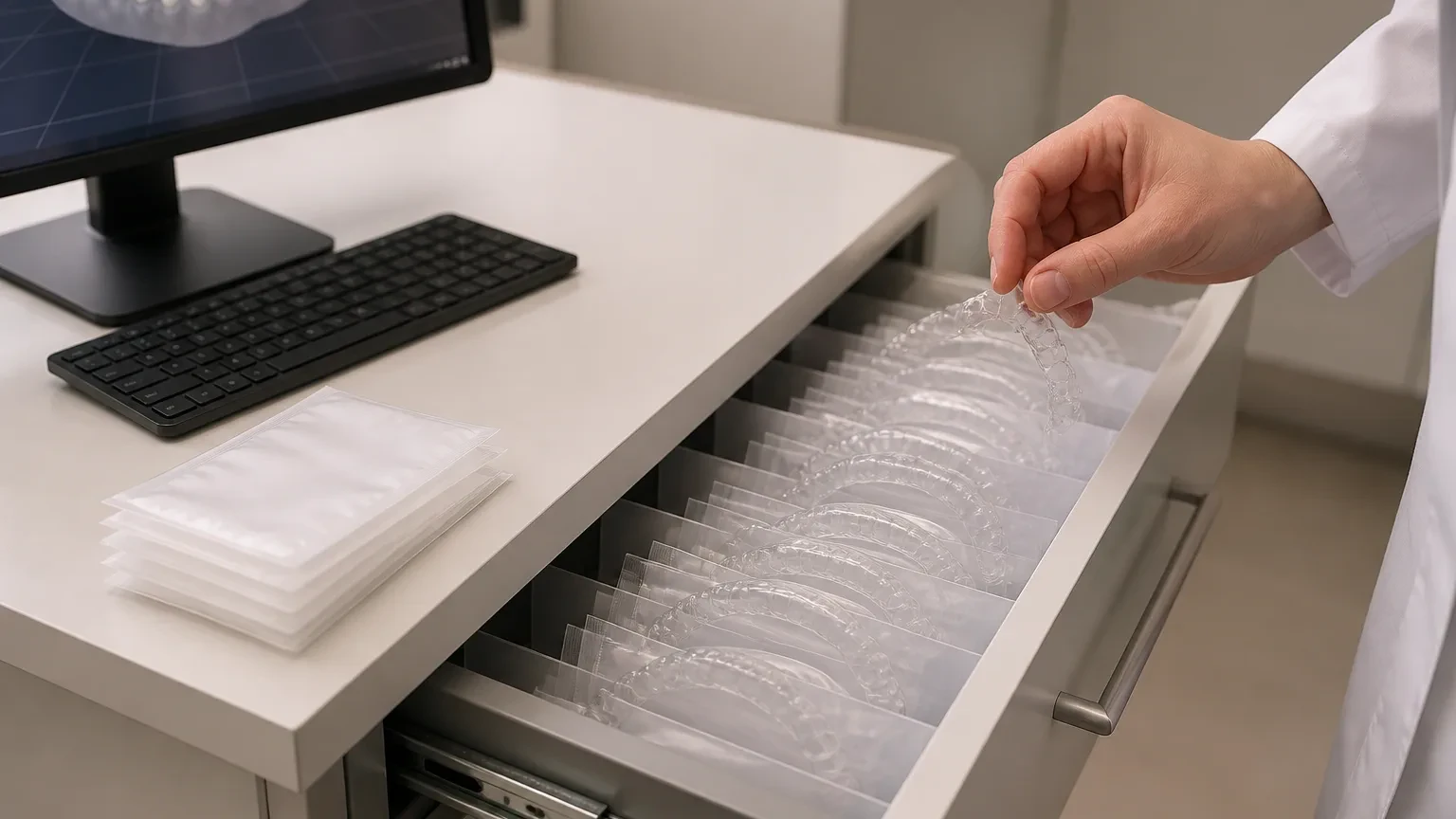 Treatment coordinator comparing limited and comprehensive clear aligner plan folders