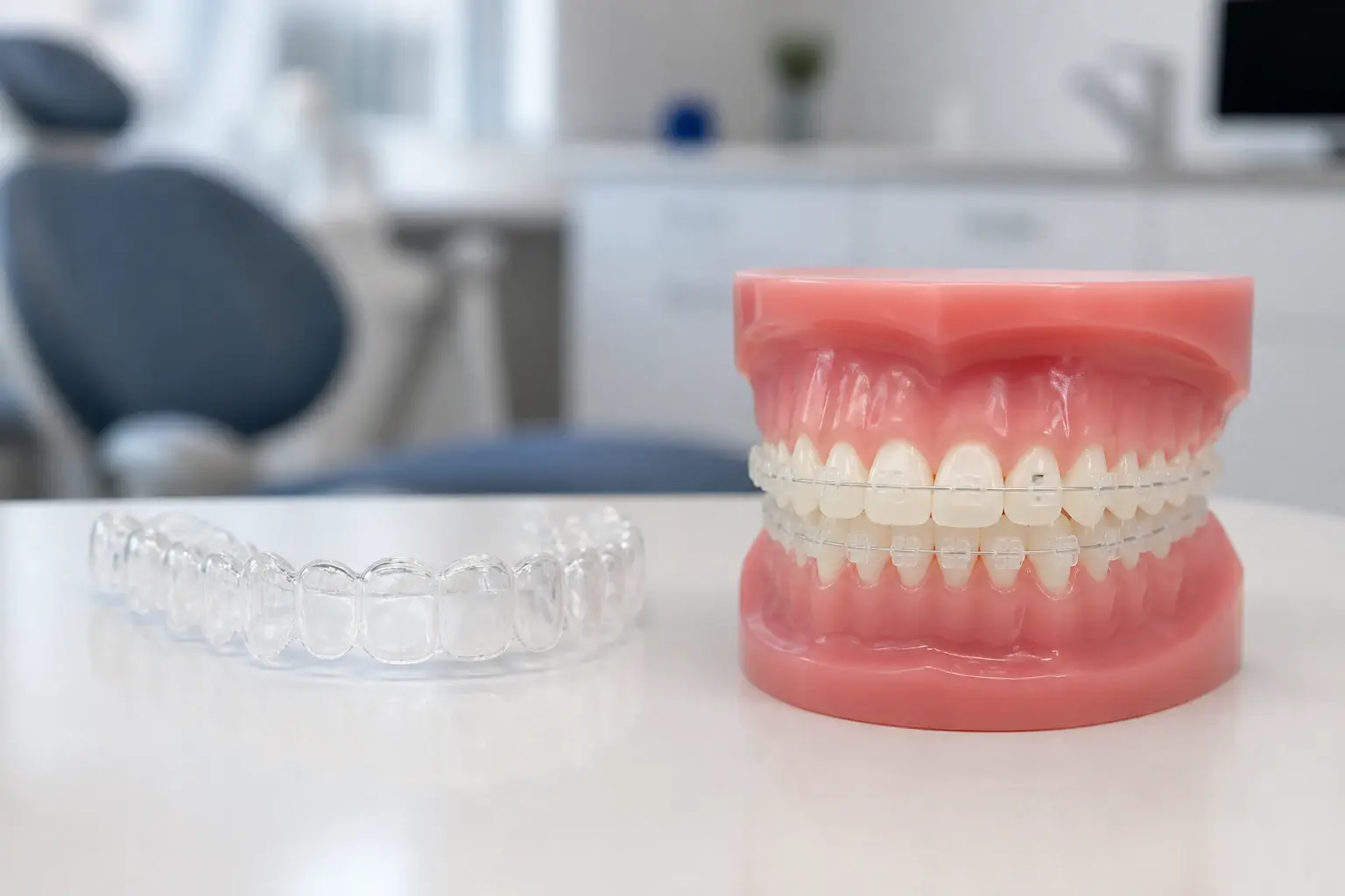 Clear aligner trays beside ceramic braces on a dental model comparing discreet orthodontic options