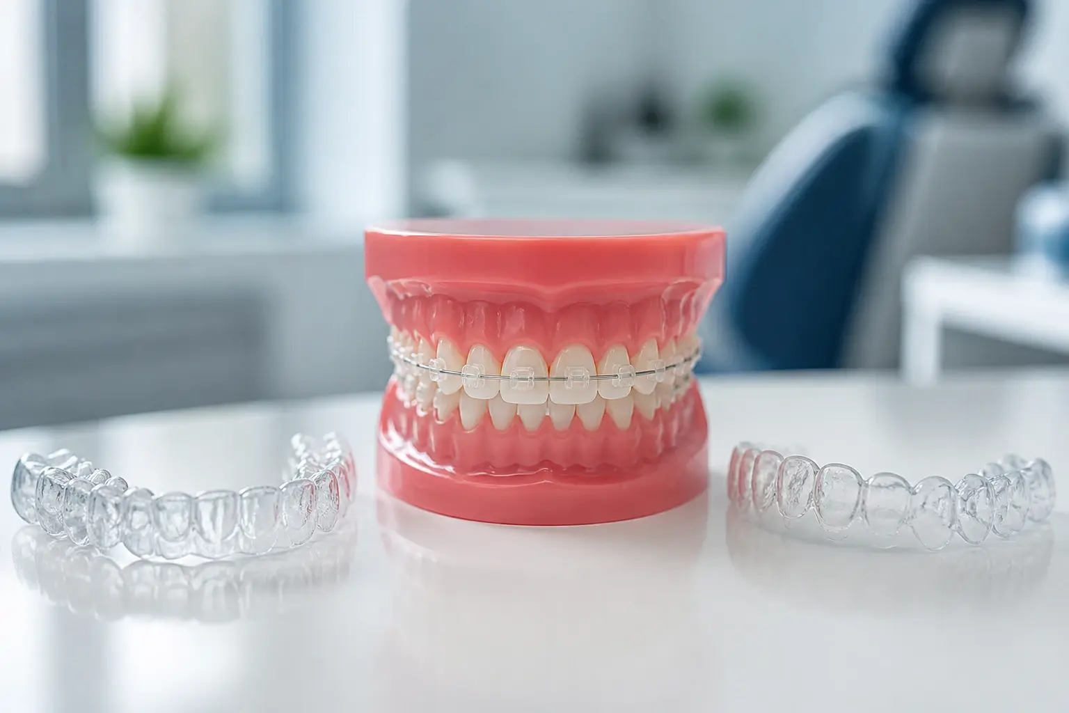 Clear aligner trays on dental model comparing Invisalign and ClearCorrect treatment approaches