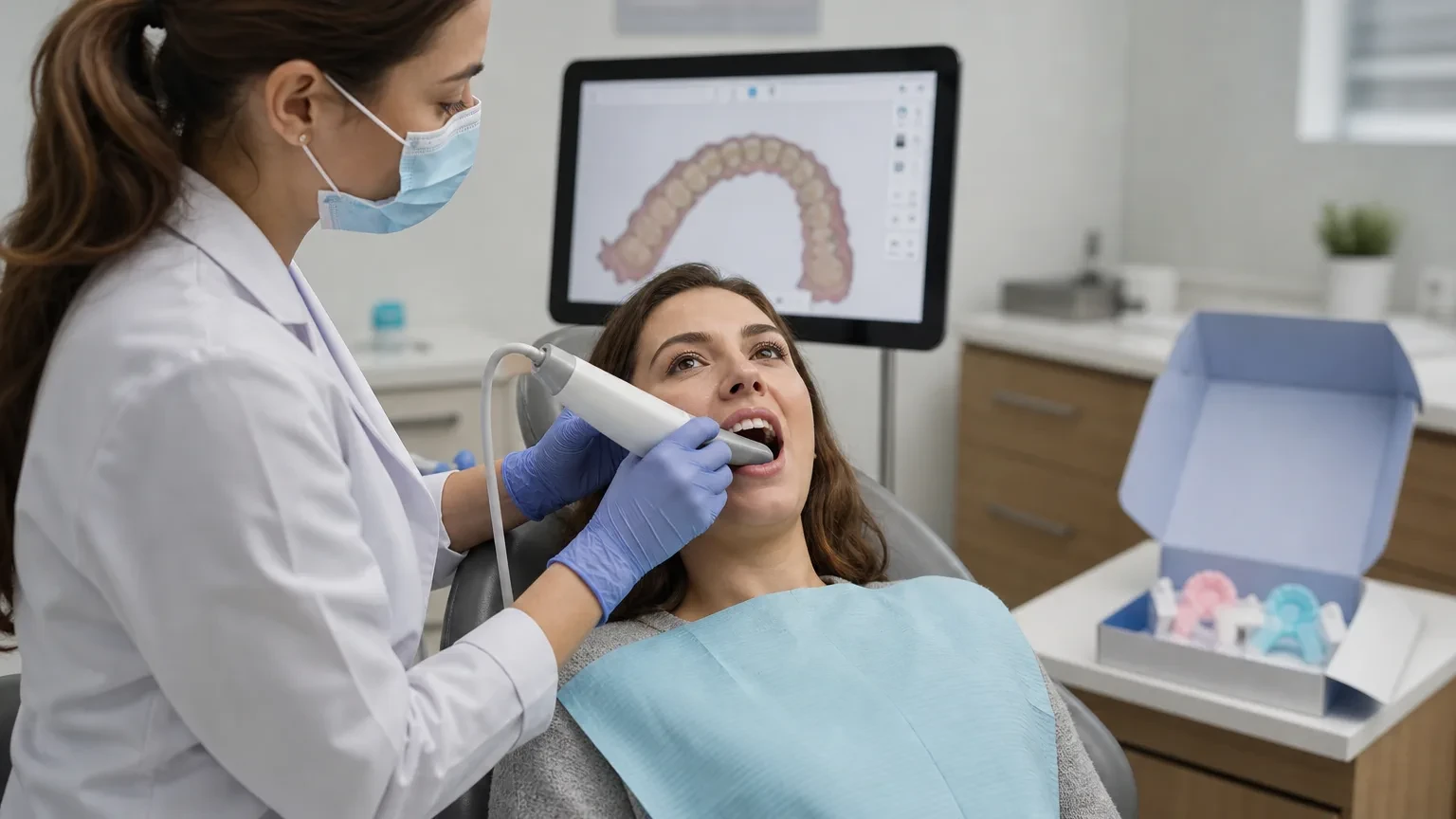 Dentist examining teeth before discussing supervised clear aligner options