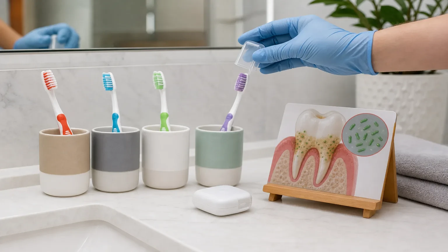 Dentist explaining gum disease bacteria and saliva myths to a couple