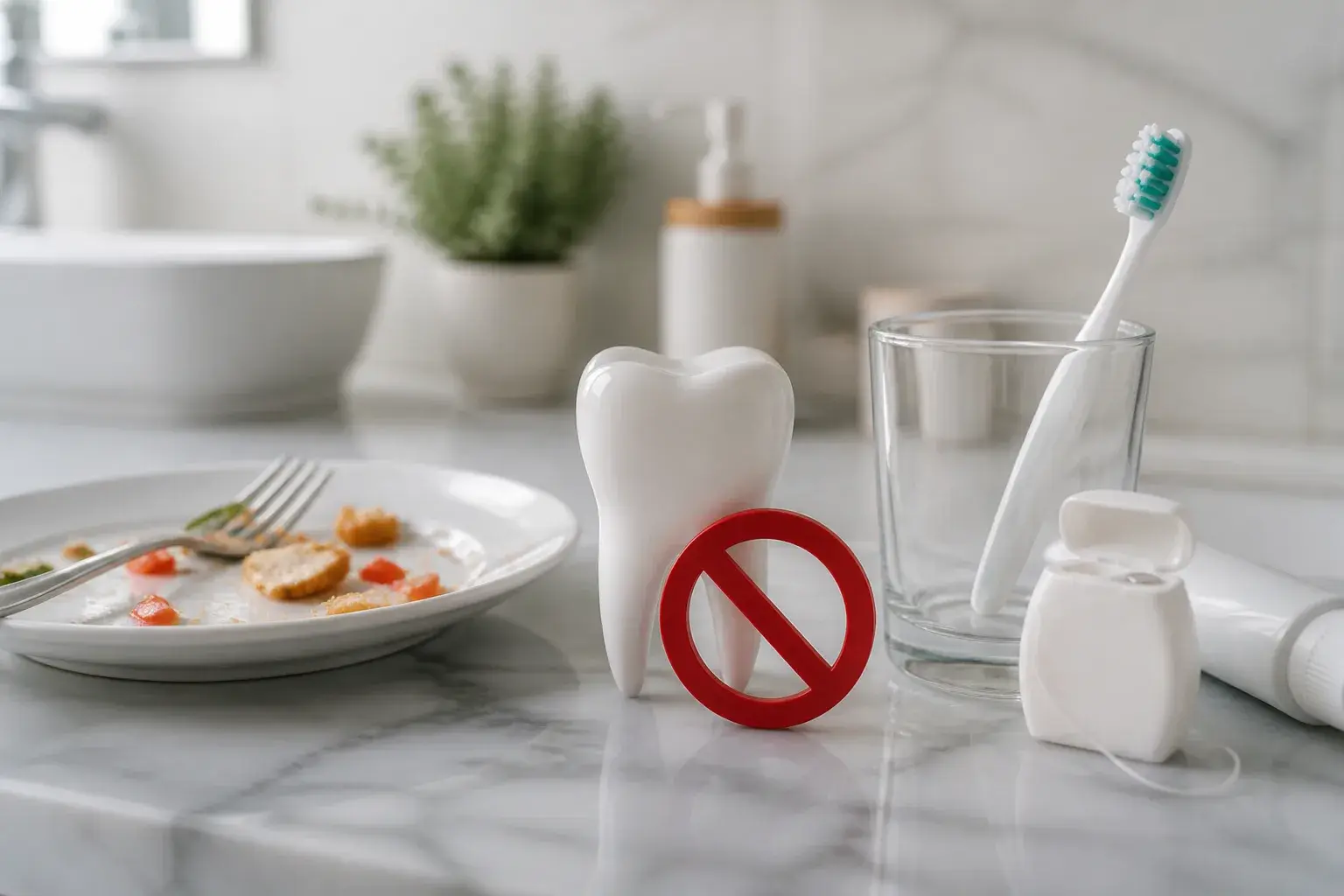 Toothbrush set aside after a meal with water and toothpaste to explain waiting before brushing