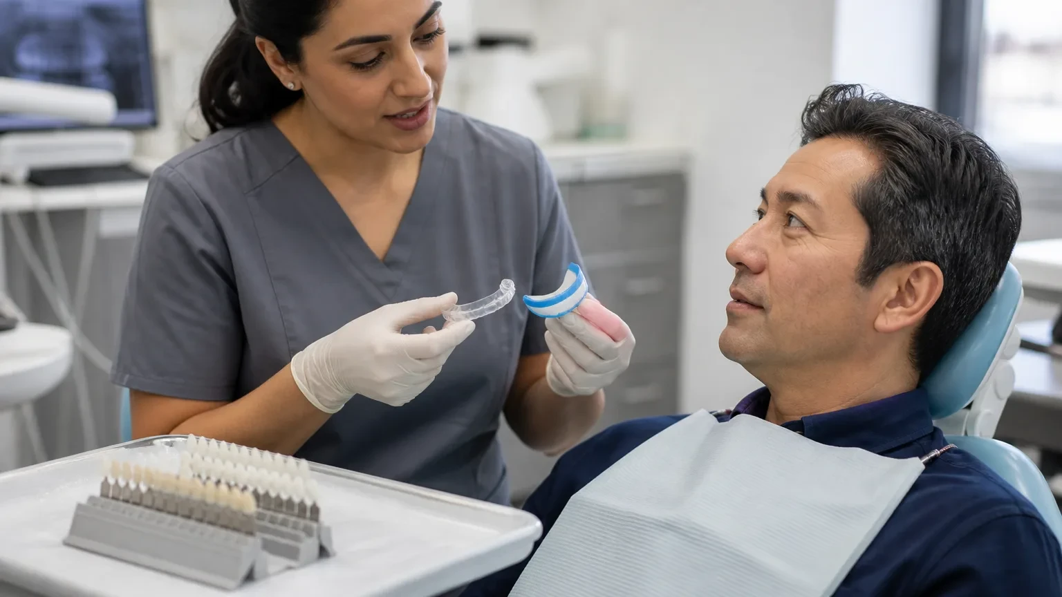 Dentist placing gum protection before professional teeth whitening treatment
