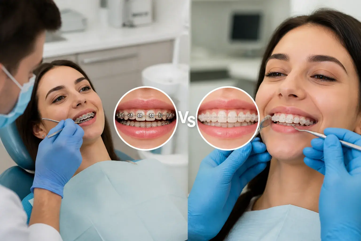 Metal and ceramic braces samples on a dental tray comparing bracket visibility and orthodontic choices