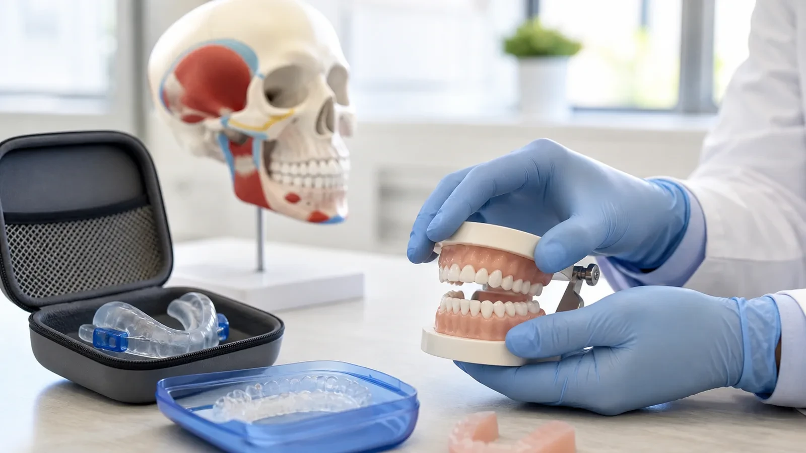 Patient describing mild morning jaw soreness while holding an oral sleep appliance