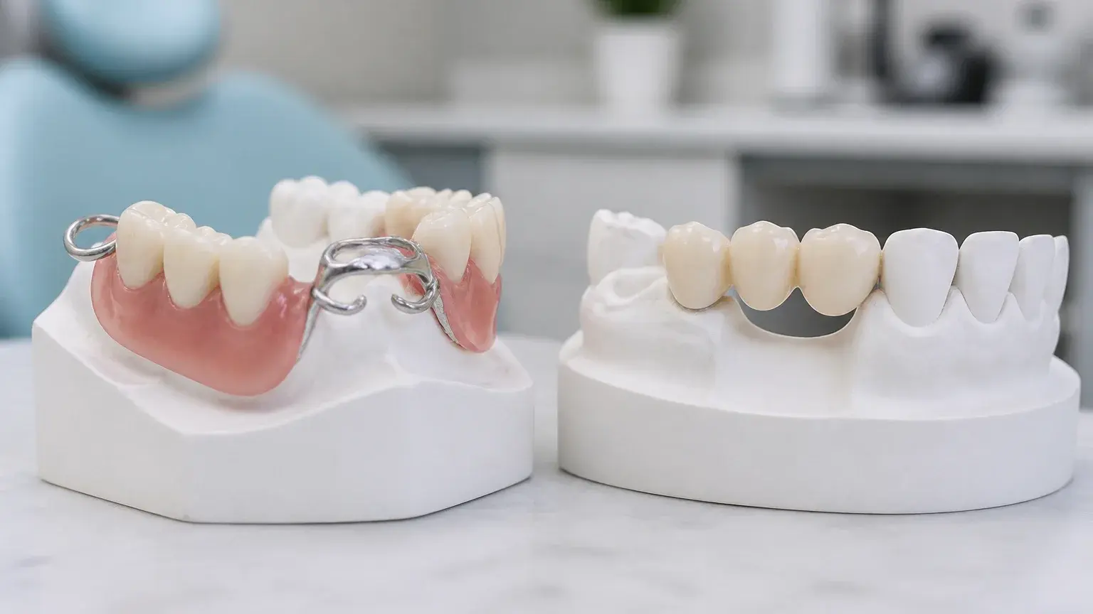 Partial denture and dental bridge models side by side for comparing tooth replacement options