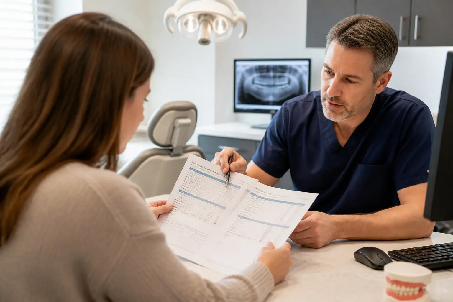 Side-by-side PPO and HMO dental plan folders reviewed with a patient at a clinic desk