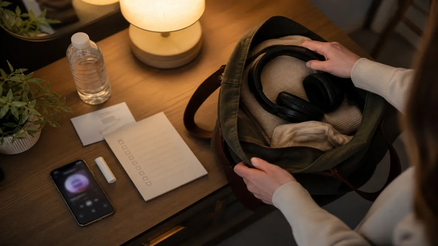 Nervous patient packing headphones and a question list before a dental appointment