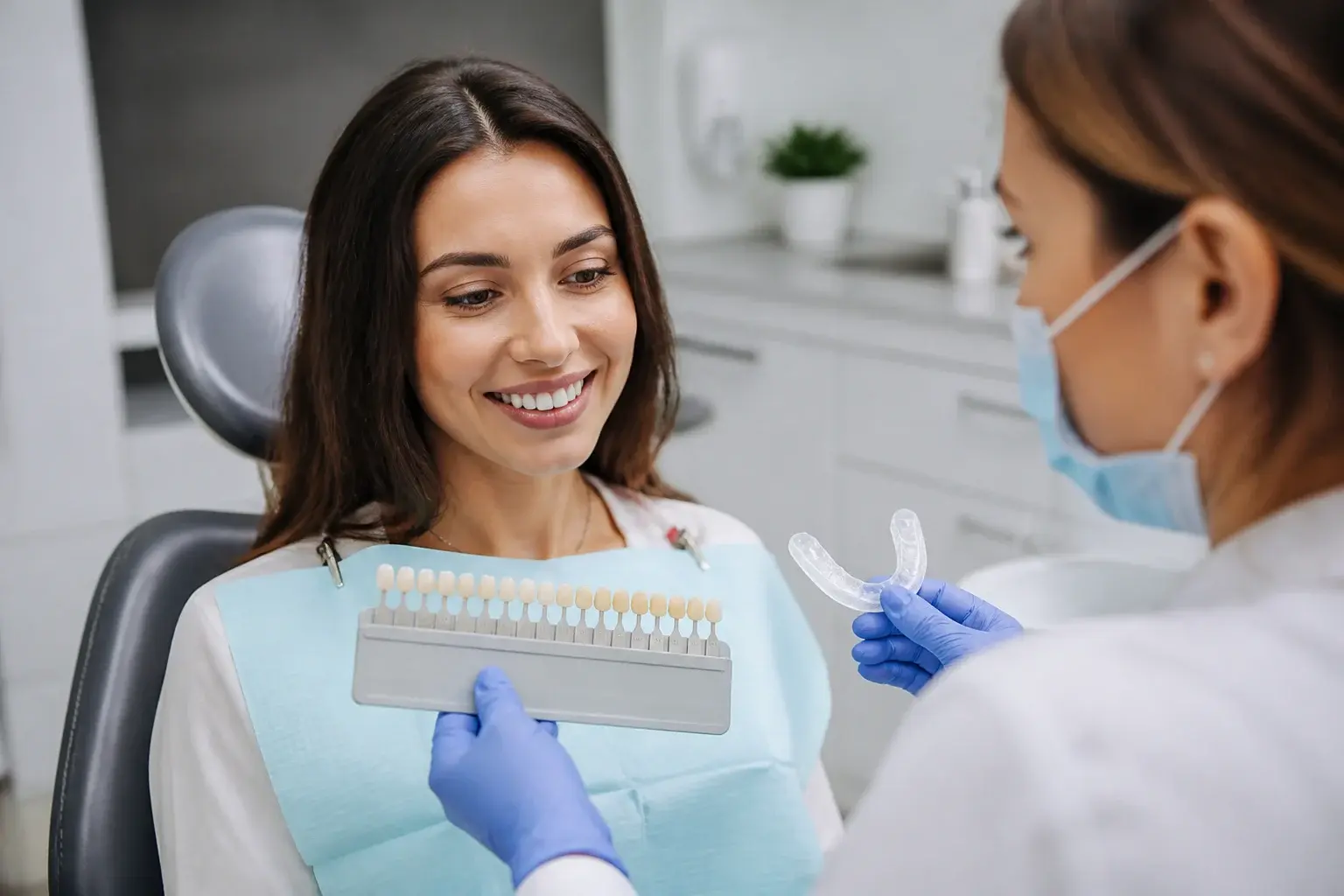 Professional shade guide beside store whitening strips comparing teeth whitening options
