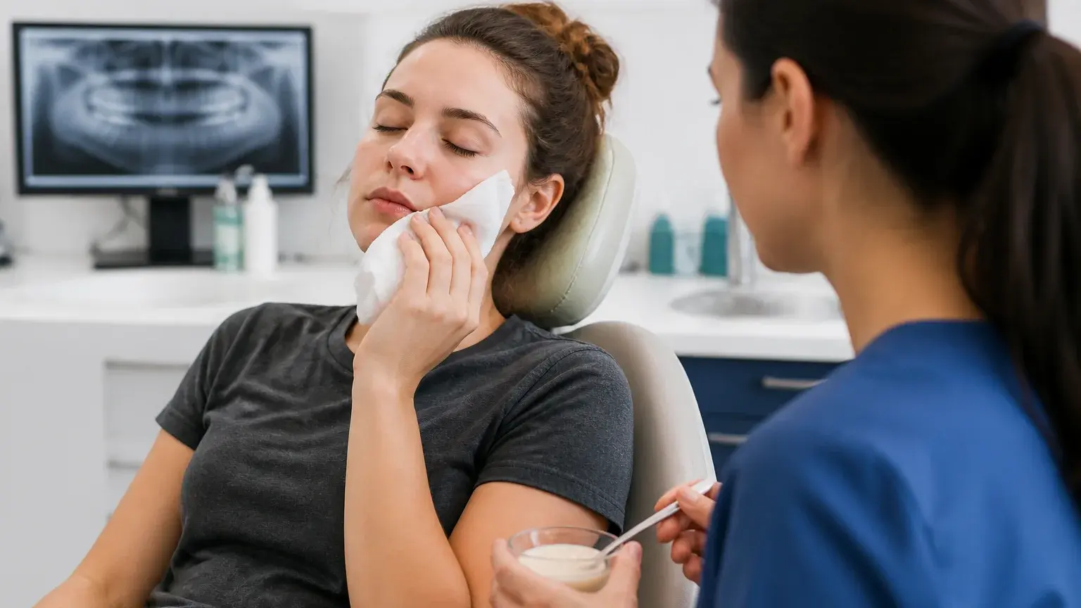 Sedation monitor and wisdom tooth consultation setup explaining anesthesia during removal