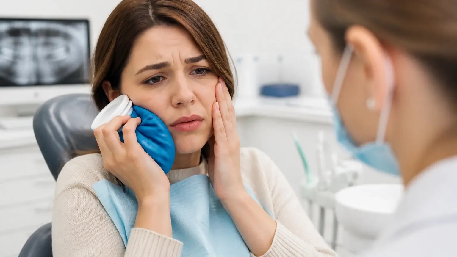Dental abscess warning signs shown with jaw swelling concern, x-ray, and urgent clinic evaluation