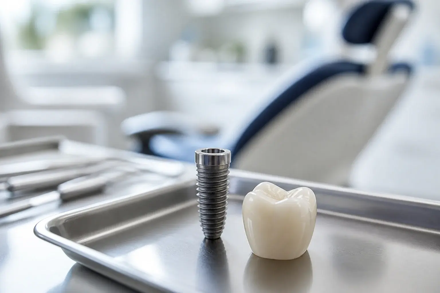 Dental implant model beside gum health exam tools showing warning signs of possible implant failure