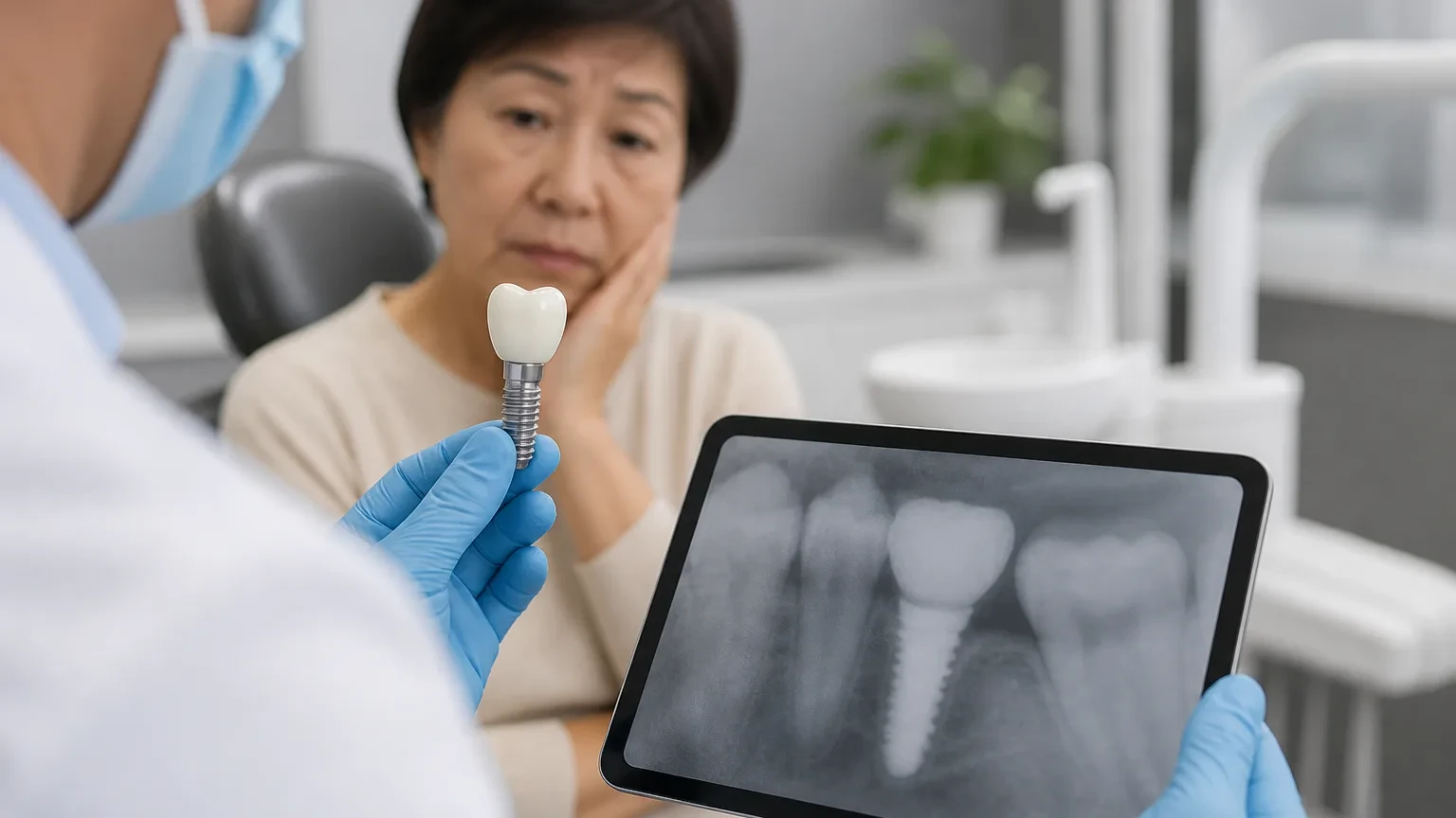 Dentist examining gum tissue around a dental implant for signs of complications