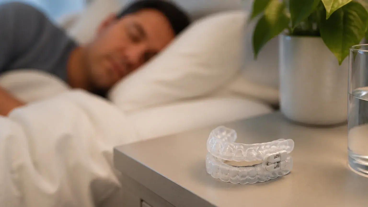 Sleep apnea oral appliance candidate screening with dentist reviewing airway and bite fit with a patient