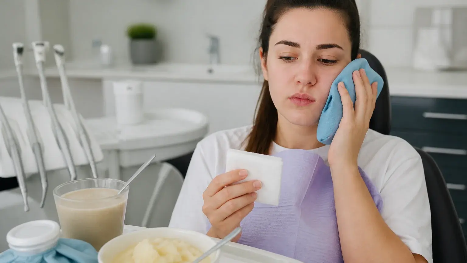 Cold pack, gauze, and recovery notes showing swelling care after a tooth extraction