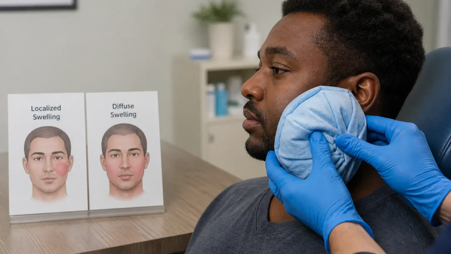 Cheek swelling checked during a post-extraction follow-up appointment