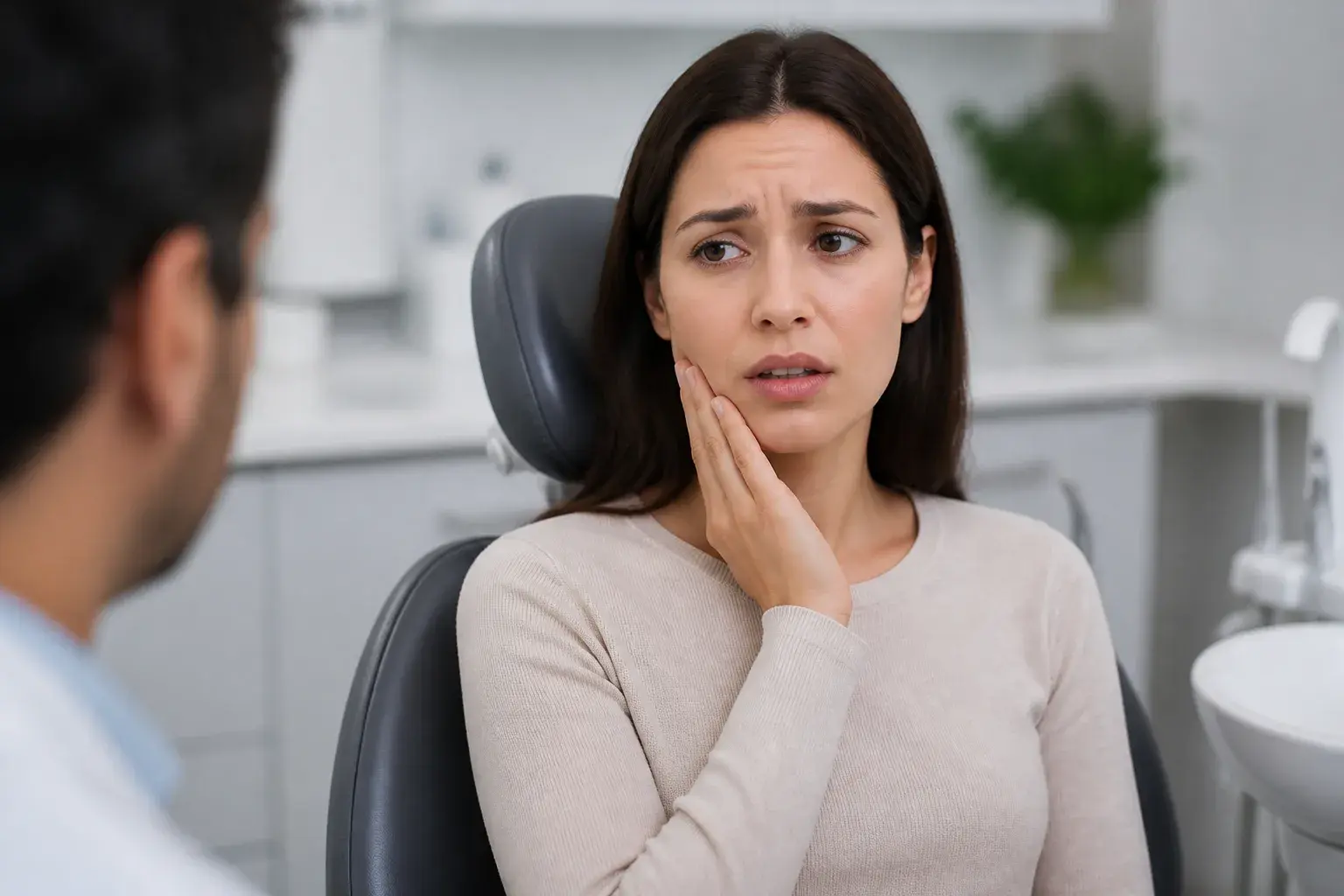 Patient holding sore jaw during TMJ symptom discussion in a softly lit dental consultation room