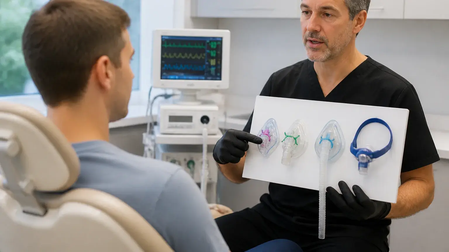Dental sedation options explained in a calm consult room with monitoring equipment and treatment notes