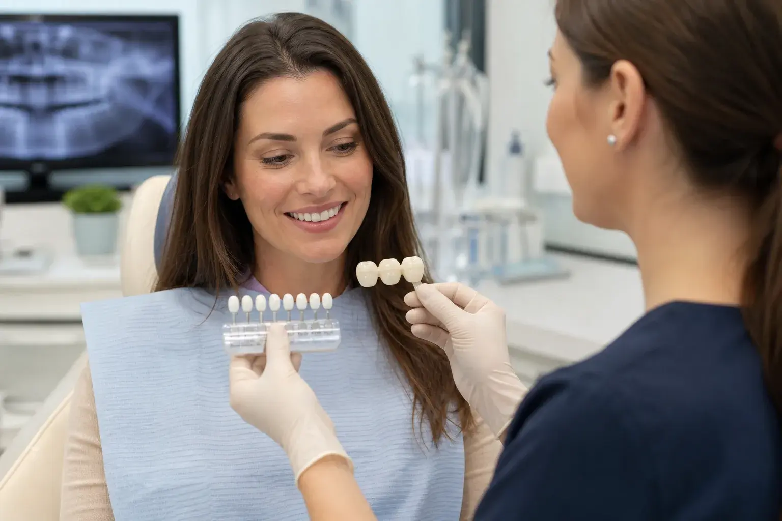 Dentist comparing a thin veneer shell with a full dental crown on a cosmetic smile model