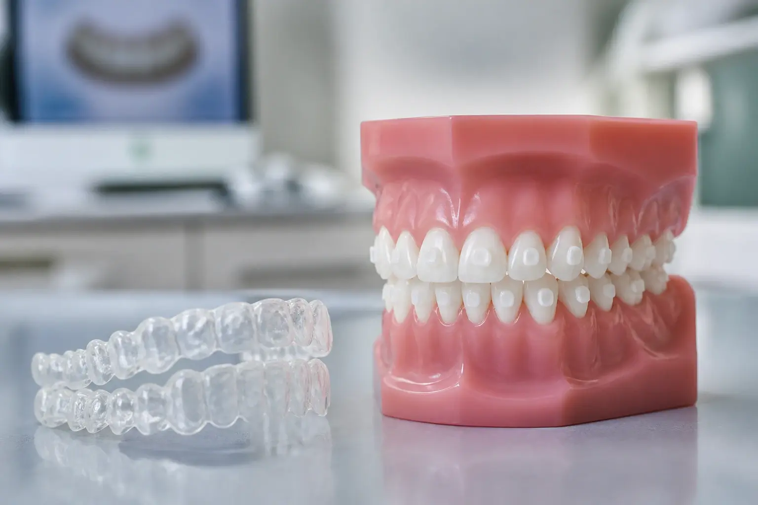 Clear aligner attachments on dental model with tray showing how small tooth-colored buttons work