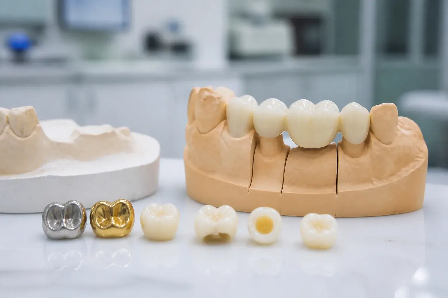 Porcelain, zirconia, and metal crown samples arranged on a dental lab tray for material comparison
