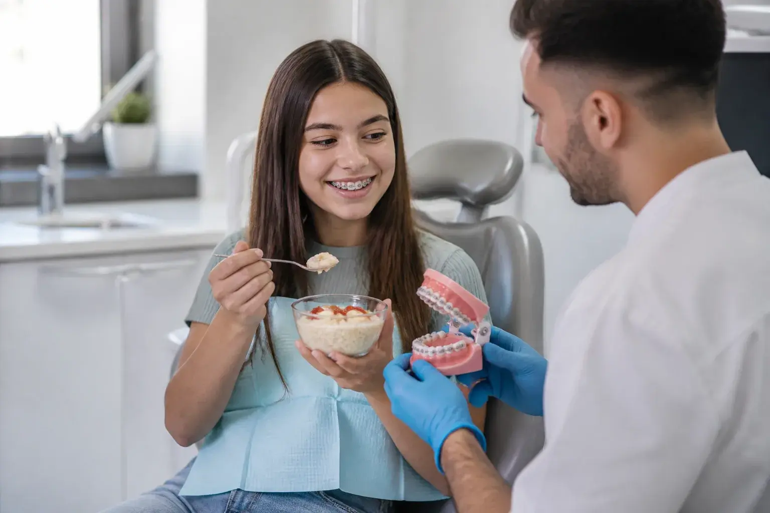 Braces-friendly foods beside orthodontic tools showing soft meal choices that protect brackets and wires