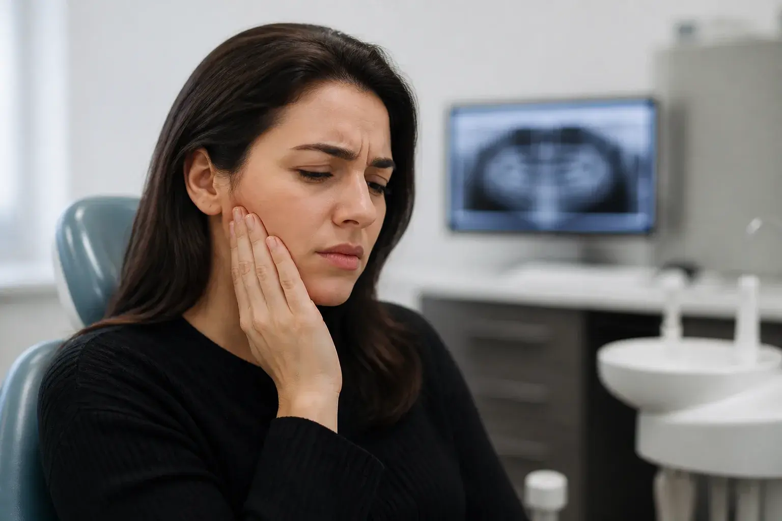 Dentist explaining TMJ pain causes with jaw model while patient touches sore jaw at consultation