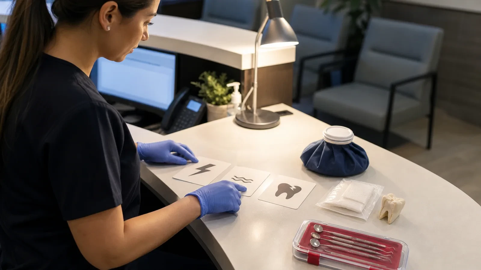 Dental emergency triage checklist with ice pack, gauze, and phone on a counter