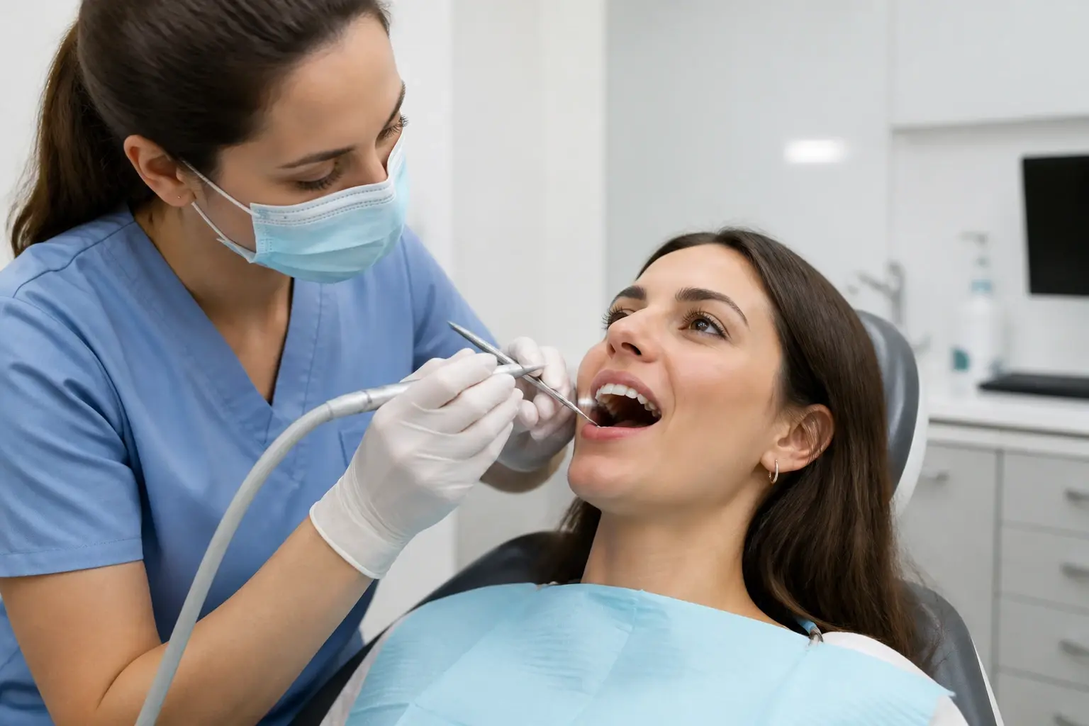 Hygienist using periodontal instruments for a deep cleaning focused on gumline plaque removal
