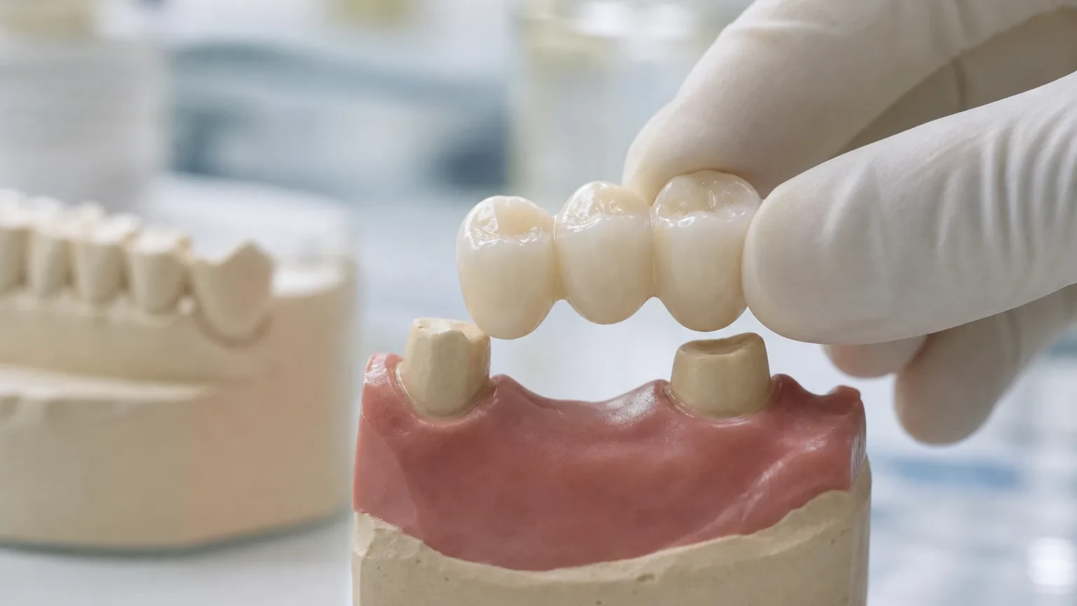 Three-unit dental bridge model showing two crowns connected to a replacement tooth