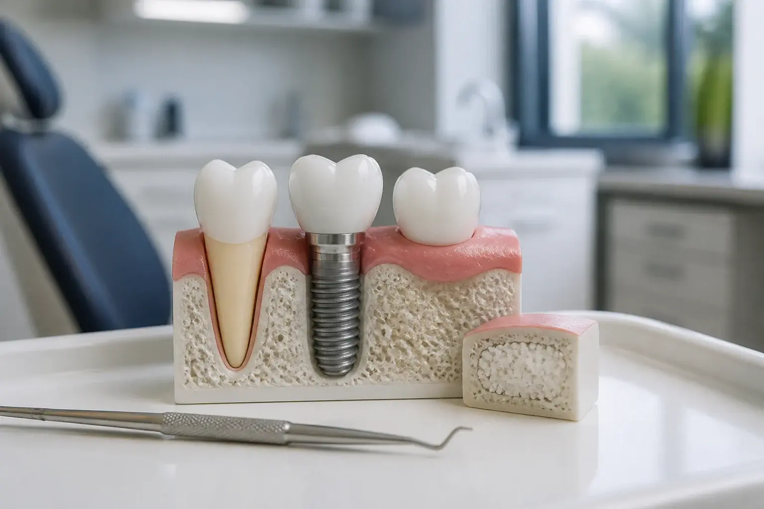 Jawbone graft material and implant model on a sterile tray explaining dental implant bone grafts