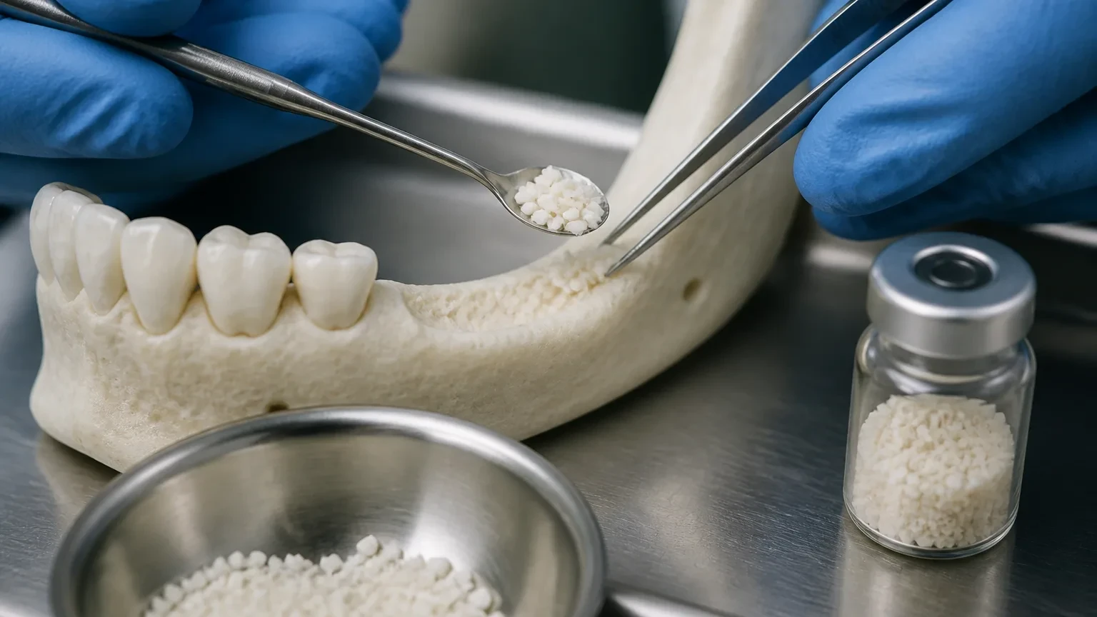 Diagram-style photo of jawbone grafting material prepared for a dental implant site