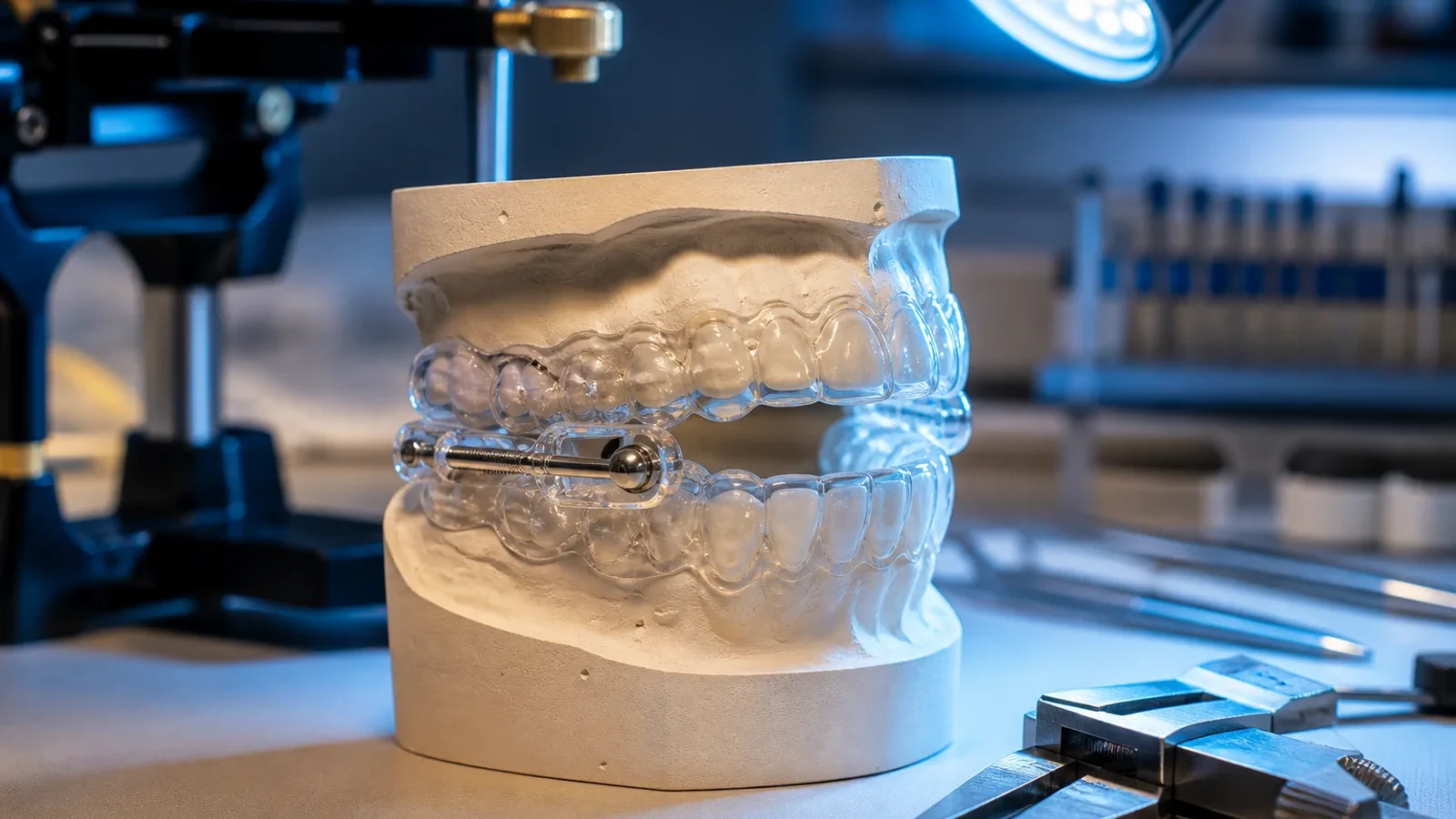 Custom mandibular advancement device shown on a dental model with the lower jaw positioned forward