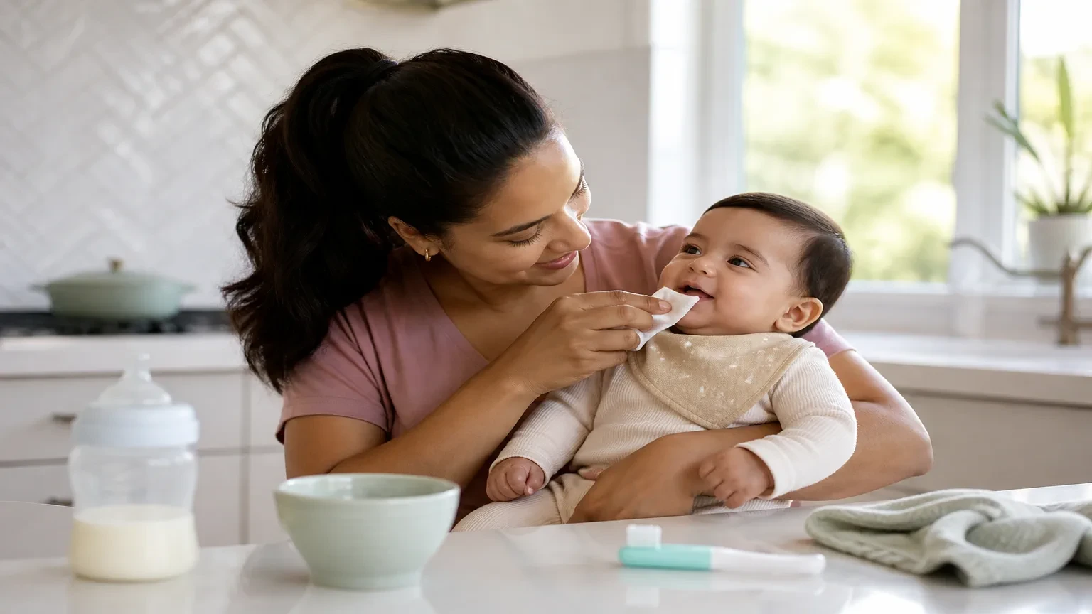 Baby bottle beside a toddler toothbrush and early childhood cavity prevention card