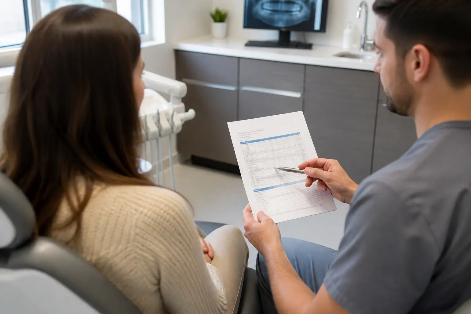 Preauthorization form and dental X-ray reviewed before approving a proposed treatment plan