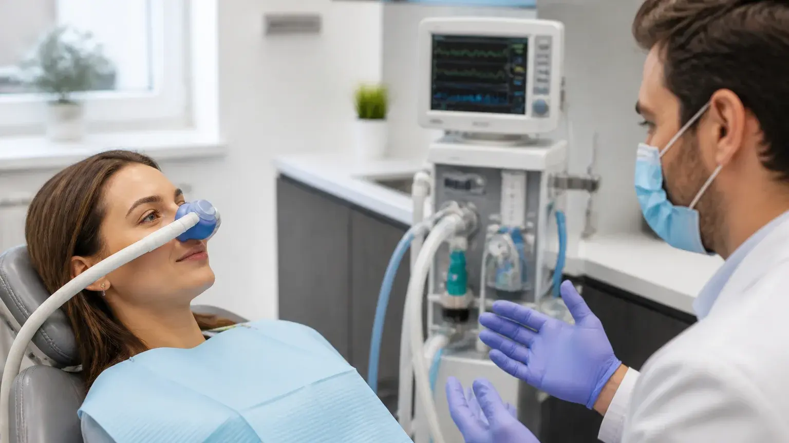 Nitrous oxide mask and oxygen tubing prepared in a dental chair for a relaxed sedation visit